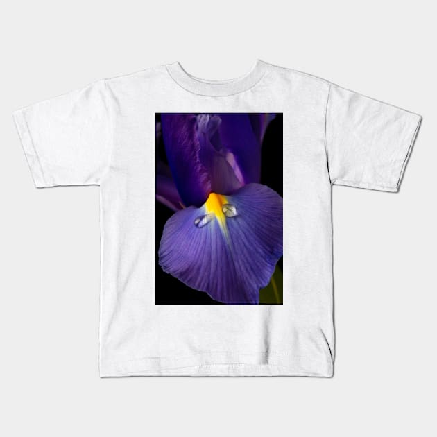 Dew Drops On Blue Iris Kids T-Shirt by photogarry